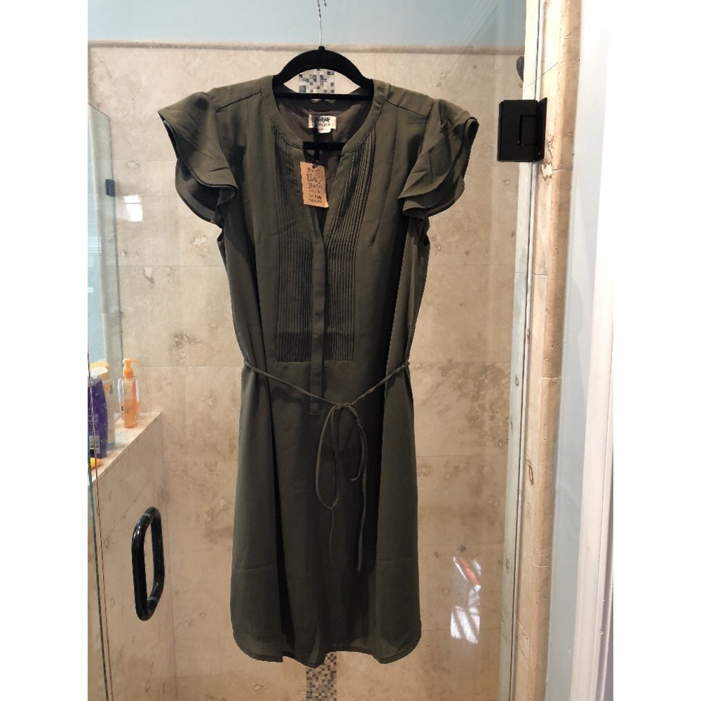 Molly Bracken Army Green Belted Chiffon Military Shift Dress Medium NWT